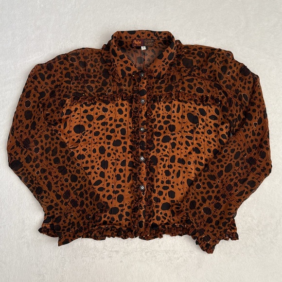 Nadya Bali Tops - Nadya | Button Front Ruffle Bead Detail Animal Print Blouse Handmade in Bali (S)